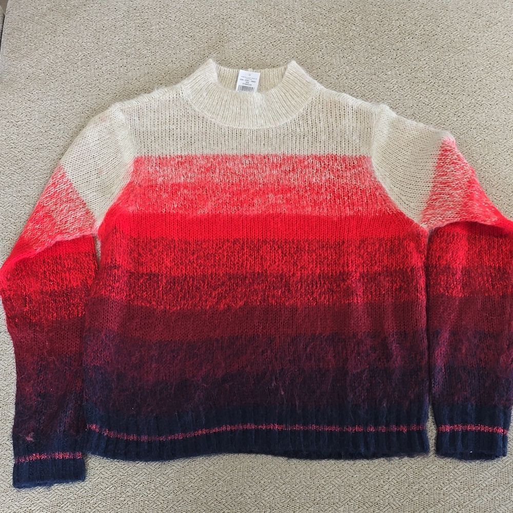 American Eagle Ombre Tan Red Blue Stripe Mock Neck Cozy Sweater - Size Medium - Picture 3 of 13